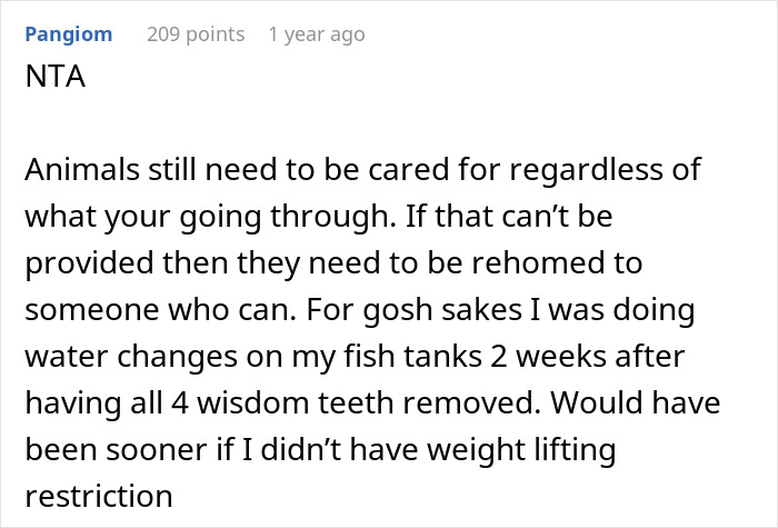 Reddit comment about caring for animals despite personal challenges, referencing a daughter's chores and health. Reddit comment about caring for animals despite personal challenges, referencing a daughter's chores and health.