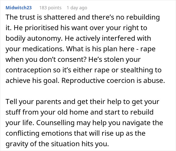 Text discussing reproductive coercion and advice on dealing with a boyfriend hiding birth control pills. Text discussing reproductive coercion and advice on dealing with a boyfriend hiding birth control pills.