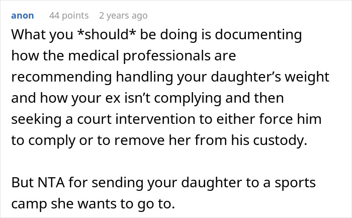 Comment discussing parental conflict and daughter's weight management. Comment discussing parental conflict and daughter's weight management.