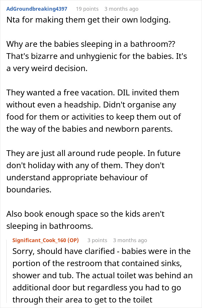 Text exchange about in-laws arriving unannounced and babies sleeping arrangements on vacation. Text exchange about in-laws arriving unannounced and babies sleeping arrangements on vacation.