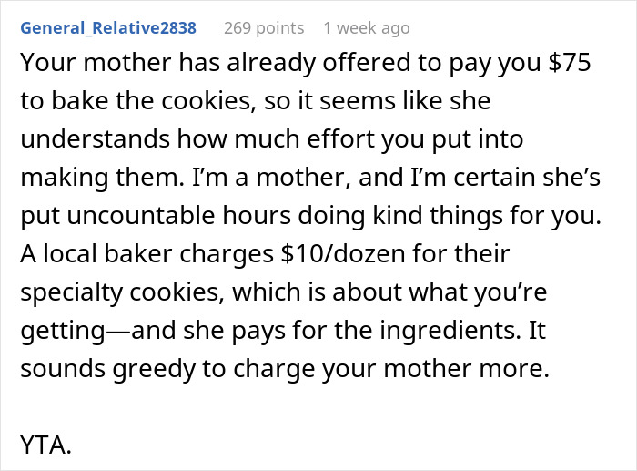 User comments on daughter charging parents for Christmas cookies, discussing effort and fairness. User comments on daughter charging parents for Christmas cookies, discussing effort and fairness.