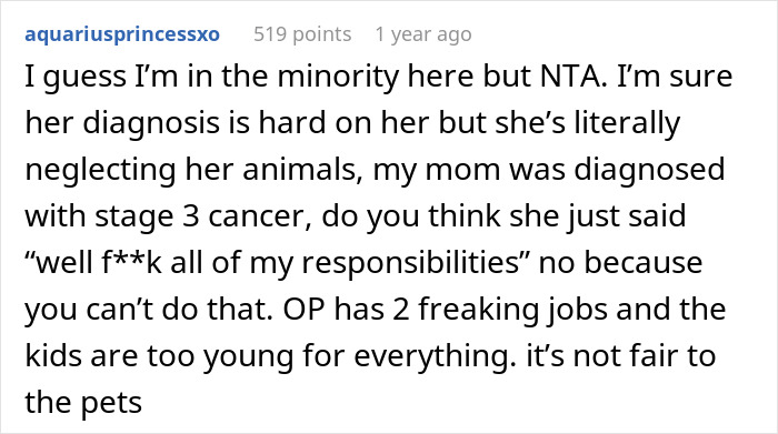 Comment about mom insisting daughter's disease isn't an excuse for neglecting chores, sparking a divided internet discussion. Comment about mom insisting daughter's disease isn't an excuse for neglecting chores, sparking a divided internet discussion.