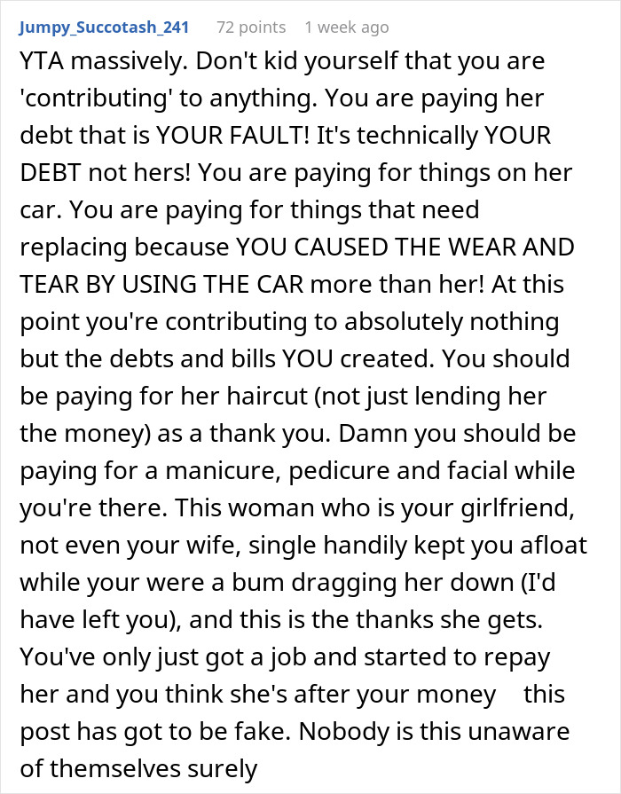 Text from online comment detailing a relationship issue about lack of self-awareness. Text from online comment detailing a relationship issue about lack of self-awareness.