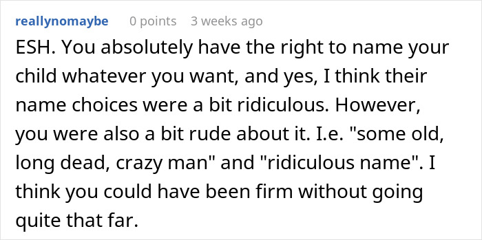 Text from an online discussion about breaking family tradition in naming a baby. Text from an online discussion about breaking family tradition in naming a baby.