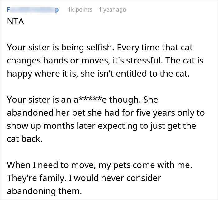 Text expressing opinion on a woman rehoming her cat and wanting it back. Text expressing opinion on a woman rehoming her cat and wanting it back.