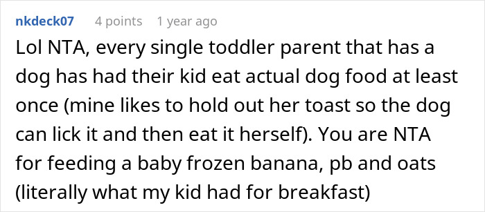 A comment humorously describes a toddler feeding a dog and mentions giving babies frozen banana snacks. A comment humorously describes a toddler feeding a dog and mentions giving babies frozen banana snacks.