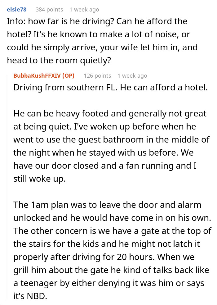 Reddit thread discussing a couple's fight over father-in-law’s arrival time during the holiday season. Reddit thread discussing a couple's fight over father-in-law’s arrival time during the holiday season.