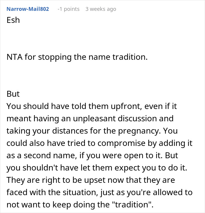 Discussion on breaking tradition in naming baby, highlighting family tensions and compromise suggestions. Discussion on breaking tradition in naming baby, highlighting family tensions and compromise suggestions.