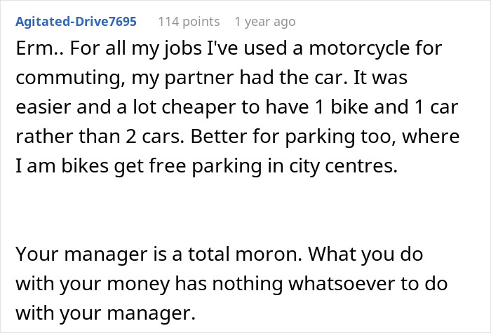 Text exchange discussing motorcycle commuting and criticizing a manager's decision to cut employee hours. Text exchange discussing motorcycle commuting and criticizing a manager's decision to cut employee hours.