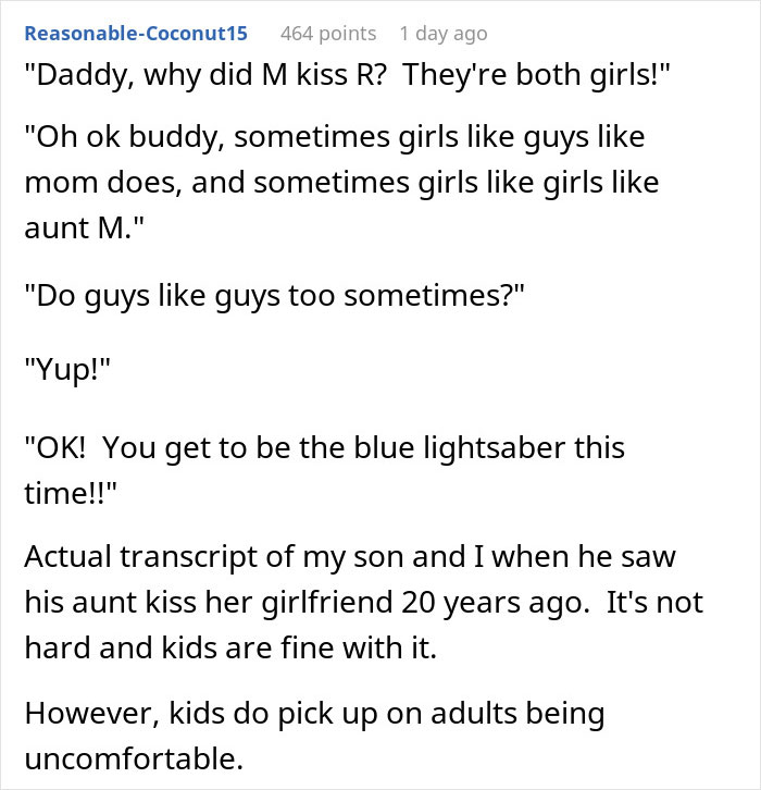 Conversation about understanding relationships and acceptance in a family context. Conversation about understanding relationships and acceptance in a family context.