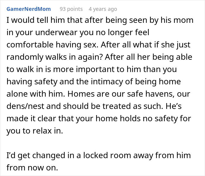 Text screenshot discussing importance of privacy from MIL visits and feeling safe at home. Text screenshot discussing importance of privacy from MIL visits and feeling safe at home.