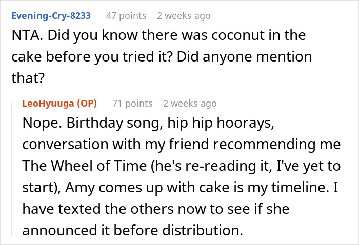 Text exchange discussing cake at a birthday party with friends. Text exchange discussing cake at a birthday party with friends.