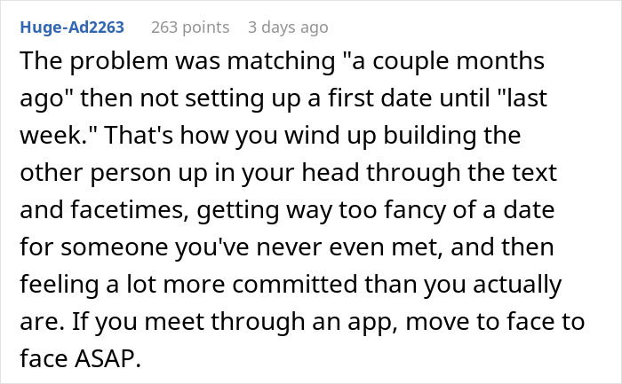 Reddit comment discussing the timing of a first Bumble date and managing expectations for dating app meetups. Reddit comment discussing the timing of a first Bumble date and managing expectations for dating app meetups.