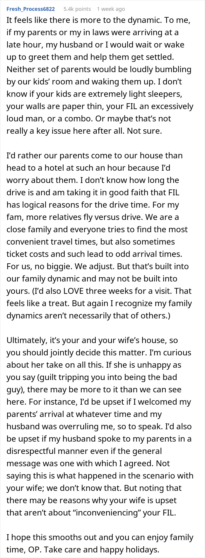 Text discussing holiday season conflict over FIL's arrival time. Text discussing holiday season conflict over FIL's arrival time.