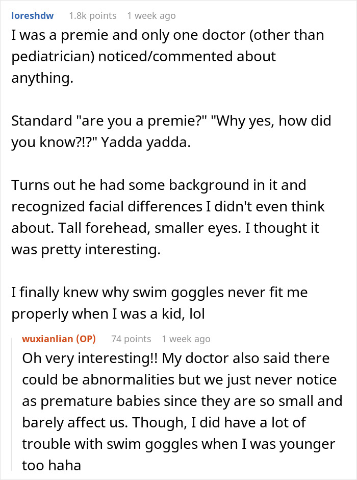 Reddit users discuss healing from a rare birth defect and experiences with swim goggles. Reddit users discuss healing from a rare birth defect and experiences with swim goggles.