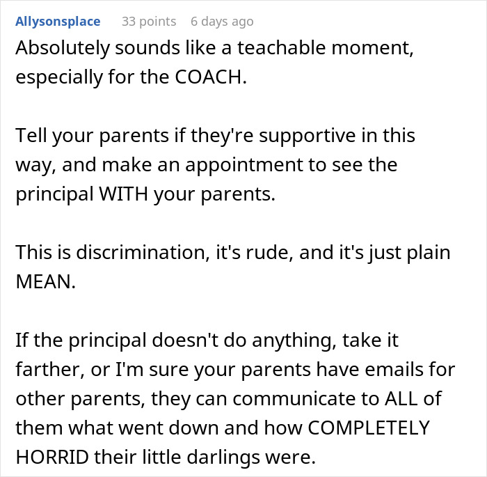 Text conversation discussing a coach, a teen, and discrimination issues in a school setting. Text conversation discussing a coach, a teen, and discrimination issues in a school setting.