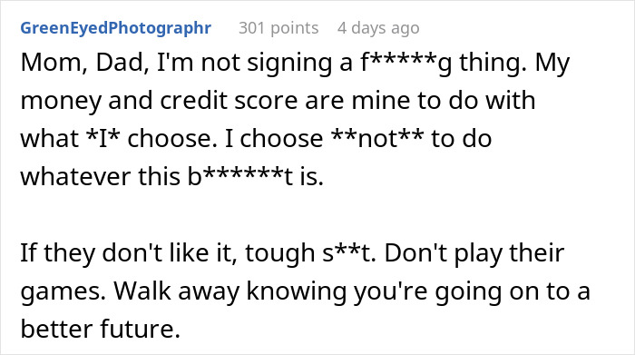 Text message expressing a decision to protect personal finances, rejecting family pressure. Text message expressing a decision to protect personal finances, rejecting family pressure.