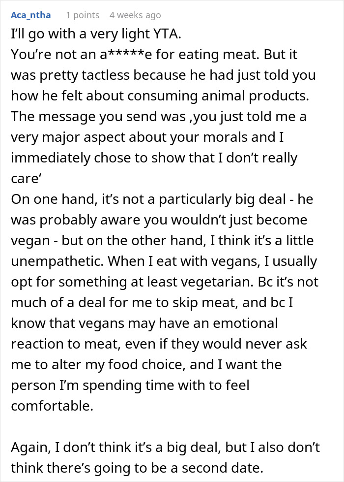 Reddit comment discussing a woman's choice to eat a meat burger on a date with a vegan. Reddit comment discussing a woman's choice to eat a meat burger on a date with a vegan.