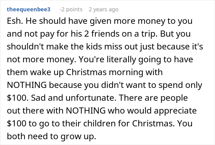 Comment discussing Christmas budget issues and responsibilities. Comment discussing Christmas budget issues and responsibilities.