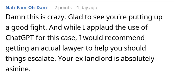 Reddit comment praising ChatGPT's assistance in tenant's legal battle against landlord. Reddit comment praising ChatGPT's assistance in tenant's legal battle against landlord.