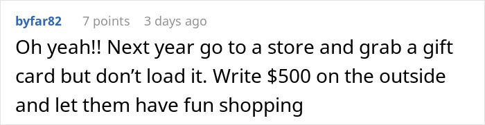 Comment suggesting giving an empty gift card with $500 written on it after vacation gift is cancelled. Comment suggesting giving an empty gift card with $500 written on it after vacation gift is cancelled.