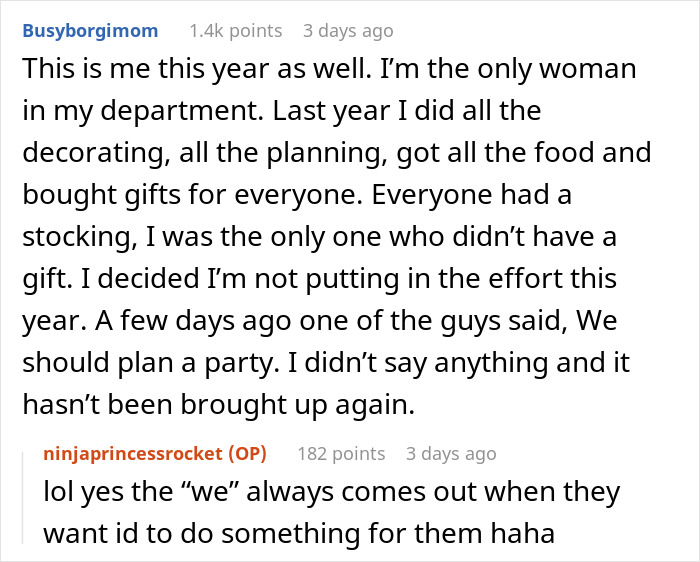 Text exchange discussing men not stepping up for planning the office Christmas party. Text exchange discussing men not stepping up for planning the office Christmas party.