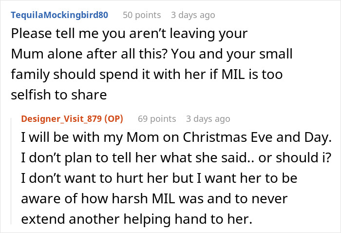 Reddit comments discussing a MIL's decision to decline a Christmas request, debating spending time with family. Reddit comments discussing a MIL's decision to decline a Christmas request, debating spending time with family.