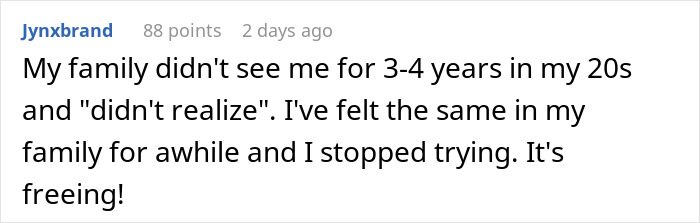 Comment about family disconnect highlighting mom relationship drama, expressing relief at letting go. Comment about family disconnect highlighting mom relationship drama, expressing relief at letting go.