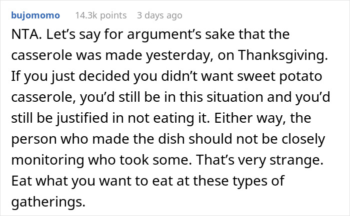 Reddit comment discussing reasons for not eating Thanksgiving dish. Reddit comment discussing reasons for not eating Thanksgiving dish.