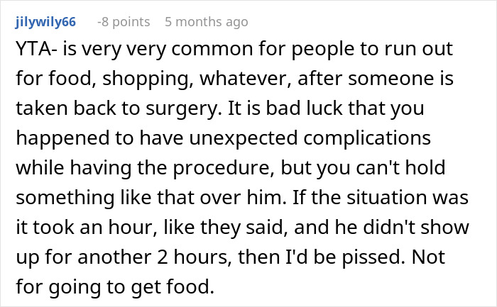 Reddit comment discussing a husband's defensive attitude after leaving his wife during surgery. Reddit comment discussing a husband's defensive attitude after leaving his wife during surgery.