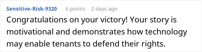 Comment praising tenant victory, highlighting technology's role in empowering tenants against landlords. Comment praising tenant victory, highlighting technology's role in empowering tenants against landlords.