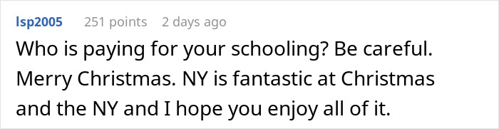 A comment hinting at mom-relationship-drama, mentioning schooling and Christmas in NY. A comment hinting at mom-relationship-drama, mentioning schooling and Christmas in NY.