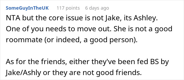 Reddit comment discussing roommate issues and relationship conflicts. Reddit comment discussing roommate issues and relationship conflicts.