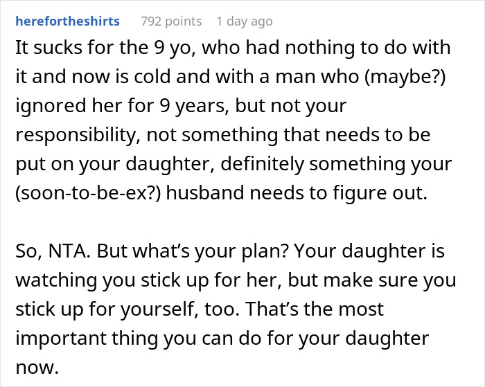 Reddit comment discussing a mom's response to not accommodating her husband's affair child. Reddit comment discussing a mom's response to not accommodating her husband's affair child.