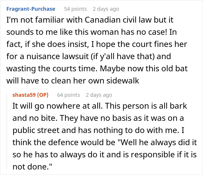 Reddit thread discussing snow shoveling dispute and potential lawsuit involving neighbors. Reddit thread discussing snow shoveling dispute and potential lawsuit involving neighbors.