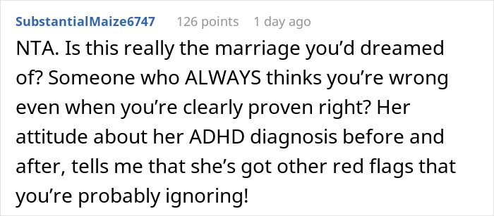 Reddit comment discussing marriage issues and ADHD diagnosis, questioning the partner's behavior. Reddit comment discussing marriage issues and ADHD diagnosis, questioning the partner's behavior.