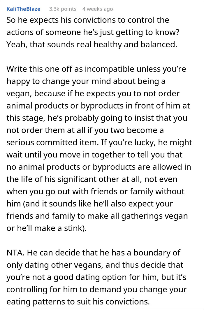 Text critique of a woman labeled "tactless" on a date for ordering a meat burger with a vegan. Text critique of a woman labeled "tactless" on a date for ordering a meat burger with a vegan.