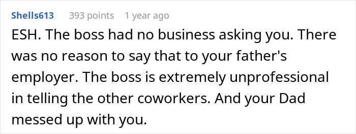 Text comment discussing boss's unprofessional behavior towards an employee regarding fatherhood issues. Text comment discussing boss's unprofessional behavior towards an employee regarding fatherhood issues.