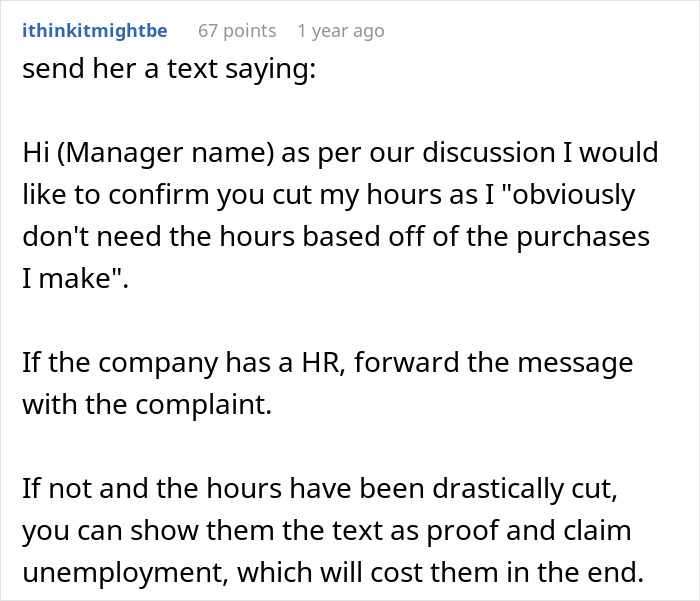 Screenshot of a Reddit post discussing a boss cutting employee hours due to a motorcycle purchase. Screenshot of a Reddit post discussing a boss cutting employee hours due to a motorcycle purchase.