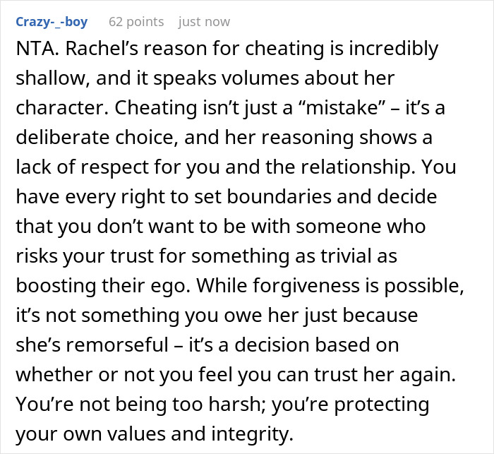 Reddit comment discussing reasons for refusing to take back cheating girlfriend. Reddit comment discussing reasons for refusing to take back cheating girlfriend.