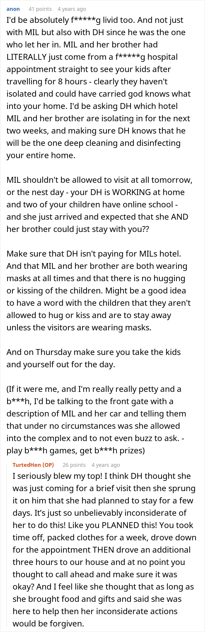 Reddit comment discussing a mom's frustration with her MIL arriving unannounced, leading to household tension. Reddit comment discussing a mom's frustration with her MIL arriving unannounced, leading to household tension.