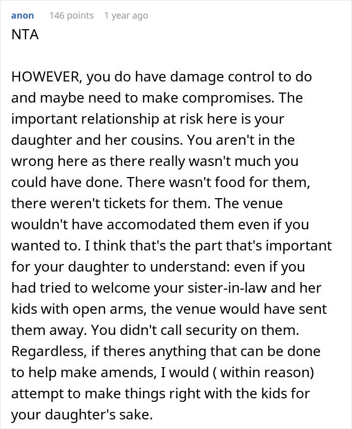 Text discussing an aunt and her kids sent home from a costly party due to lack of RSVP. Text discussing an aunt and her kids sent home from a costly party due to lack of RSVP.