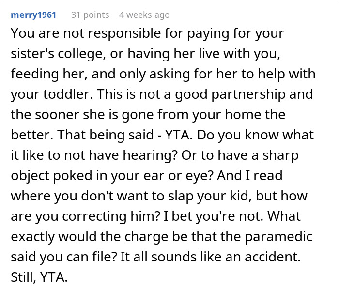 Reddit comment discussing refusal to pay for sister's college and toddler's concussion. Reddit comment discussing refusal to pay for sister's college and toddler's concussion.