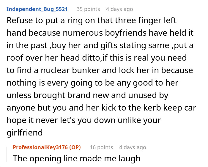 User comments discussing a fiance's demand to sell a car linked to an ex-partner. User comments discussing a fiance's demand to sell a car linked to an ex-partner.