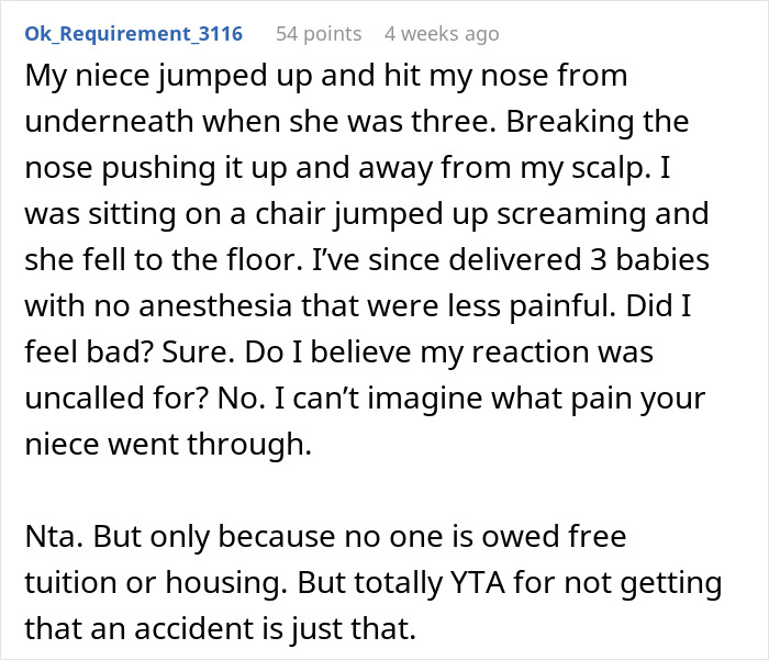 Reddit comment discussing a toddler injury incident and refusing to pay for sister's college, highlighting the pain involved. Reddit comment discussing a toddler injury incident and refusing to pay for sister's college, highlighting the pain involved.