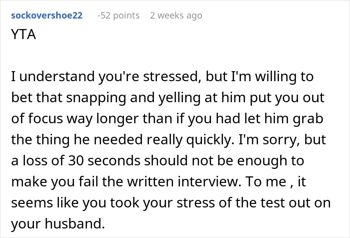 Text commentary discusses a woman's reaction to her husband interrupting her critical job test. Text commentary discusses a woman's reaction to her husband interrupting her critical job test.