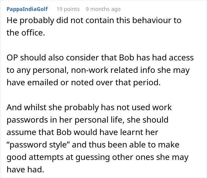 Text discussing IT sabotage, focusing on personal information access and password security. Text discussing IT sabotage, focusing on personal information access and password security.
