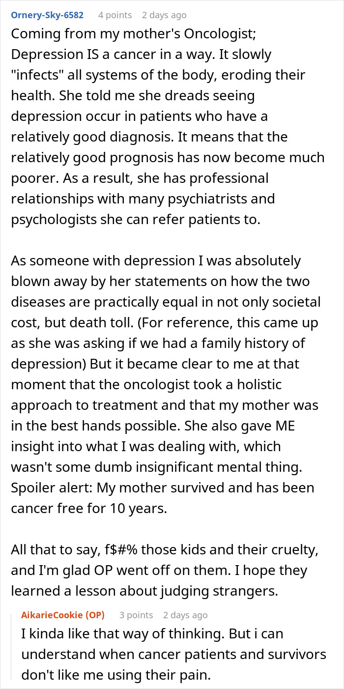 Reddit comment discussing depression as cancer, mentioning kids, cruelty, and judging strangers. Reddit comment discussing depression as cancer, mentioning kids, cruelty, and judging strangers.