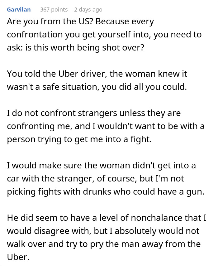 Text response discussing a situation where a woman changes her opinion about her boyfriend after he refused to intervene. Text response discussing a situation where a woman changes her opinion about her boyfriend after he refused to intervene.