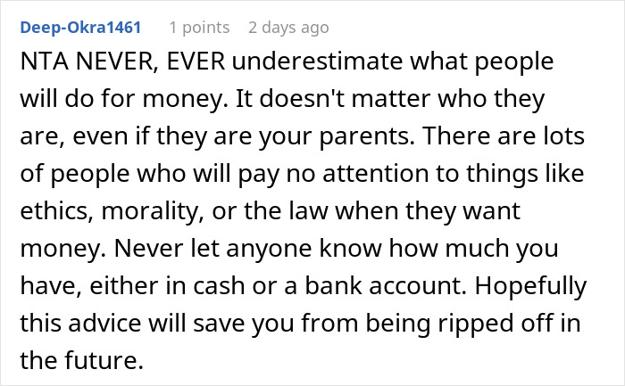 Text exchange highlighting money disputes between parents and daughter, emphasizing ethics and personal financial security. Text exchange highlighting money disputes between parents and daughter, emphasizing ethics and personal financial security.